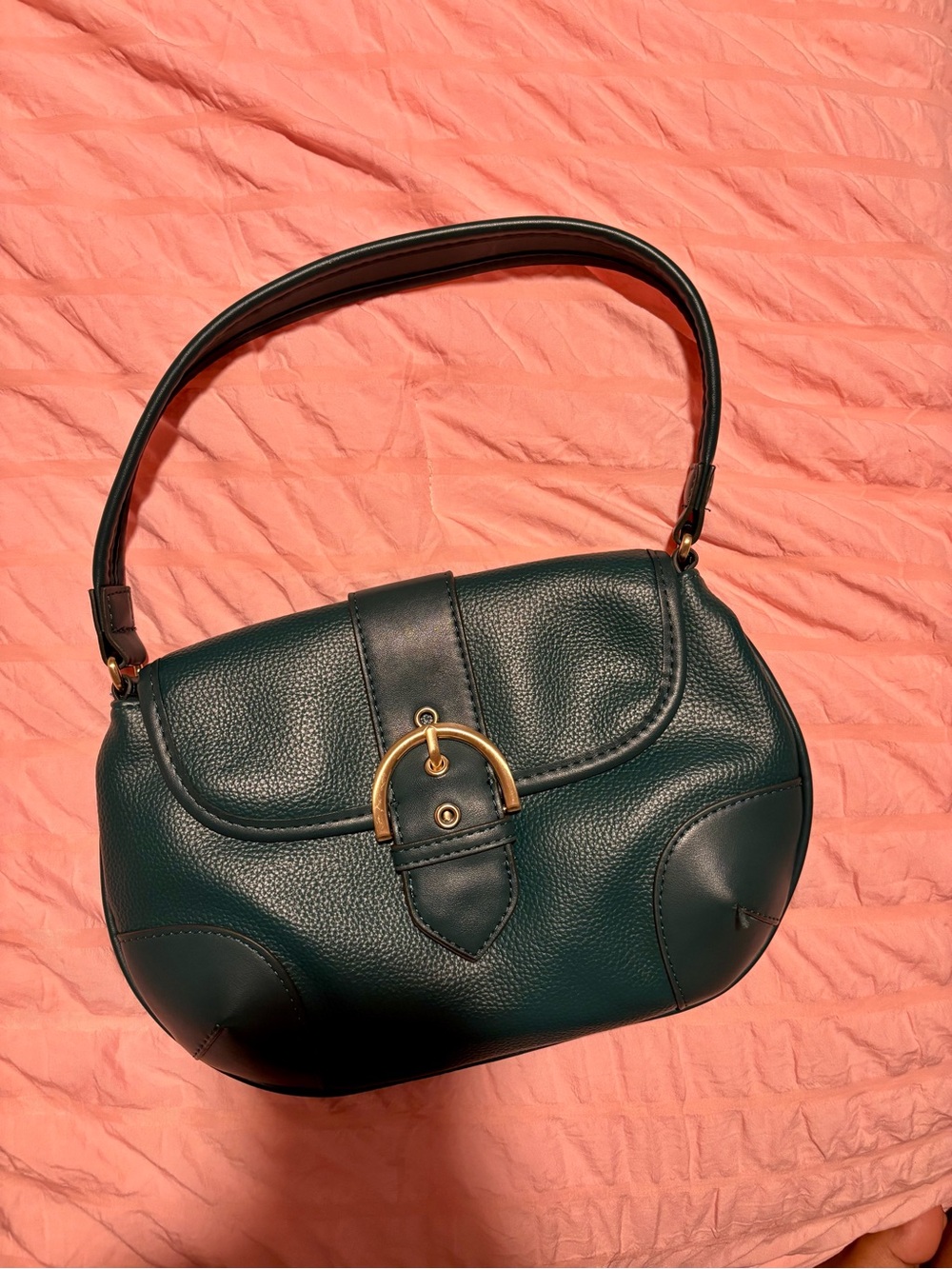 Dark Green Faux Leather Shoulder Bag with Gold Hardware